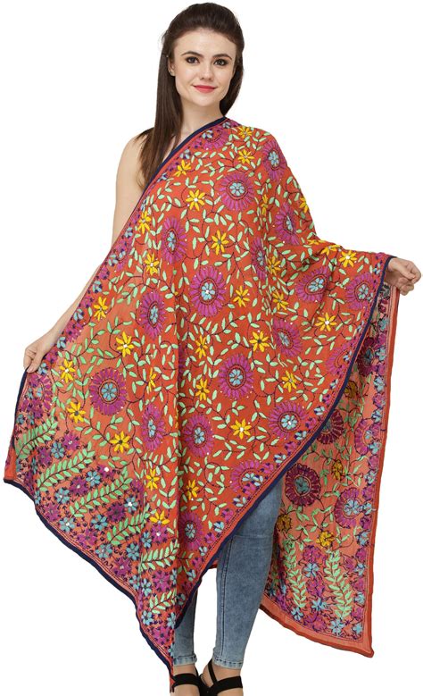 Phulkari Dupatta From Punjab With Ari Hand Embroidered Flowers And Sequins