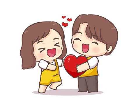 Cute Lovers Couple Greeting Pose Boy Giving Red Love Heart Happy Valentine Chibi Cartoon