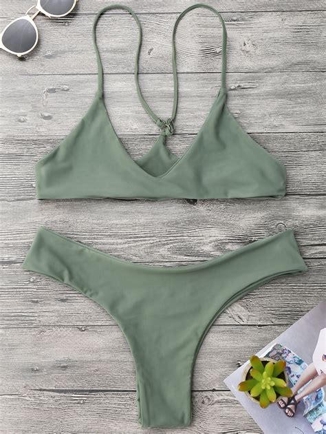 Off Spaghetti Strap Thong Bikini Set In Army Green Zaful