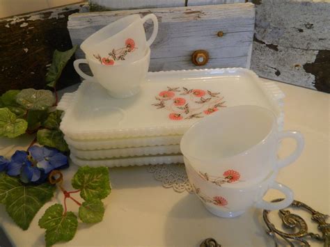 Set Of Retro Vintage Fire King Fleurette Milk Glass Snack Or Luncheon