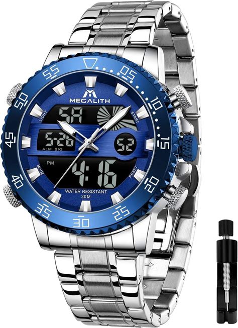 Megalith Watches For Men Digital Waterproof Silver Stainless Steel