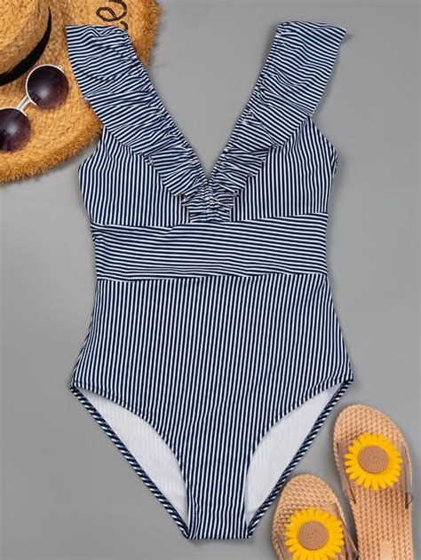 Striped Plunging One Piece Swimsuit