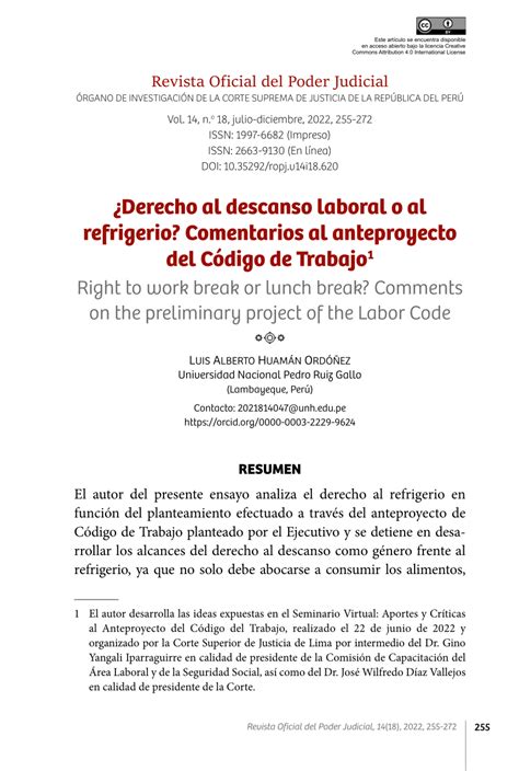 Pdf Derecho Al Descanso Laboral O Al Refrigerio Comentarios Al