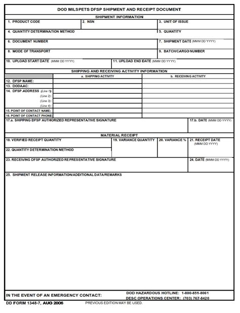 Dd Form 1348 7 Dod Milspets Dfsp Shipment And Receipt Document Dd Forms