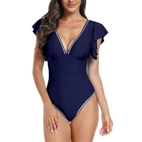 Wreesh Womens One Piece Swimsuit Solid Color Swim Suits V Neck Sexy Bikini Sports Swimsuit Tight