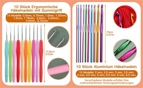 Reovin Häkelnadel 10 Stück ergonomische Häkelnadeln mit Gummigriff 10