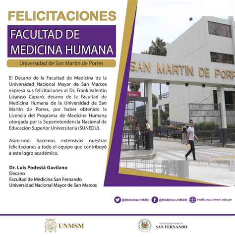 Felicitaciones A La Facultad De Medicina Humana De La Usmp Por Licencia