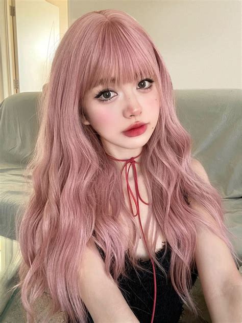 Pink Collar Synthetic Fiber Bangs Wig Embellished Wigs And Accs Dusty Rose Hair Rose Pink Hair