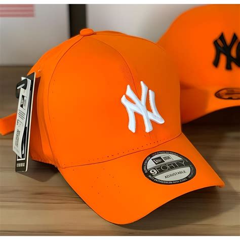 Bone Aba Curva Snapback Ny New York Yankees New Era Laranja Branco