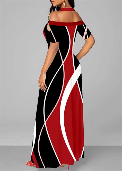 Red Strappy Cold Shoulder Printed Maxi Dress Rosewe USD 31 98