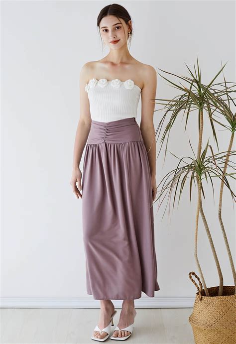 ruched waist slit maxi skirt  lilac retro indie  unique fashion