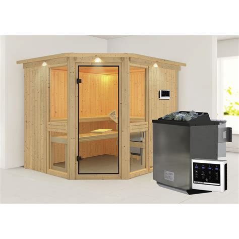 KARIBU Sauna Pölva 3 inkl 9 kW Bio Kombi Saunaofen mit externer