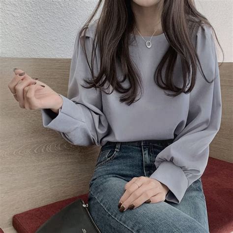 Happo Long Sleeve Round Neck Plain Blouse YesStyle