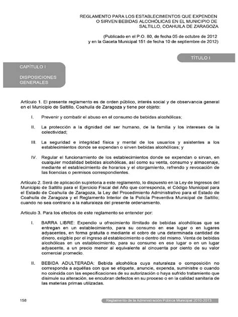 PDF Reglamento Para Los Establecimientos Que Expiden O Sirven Bebidas