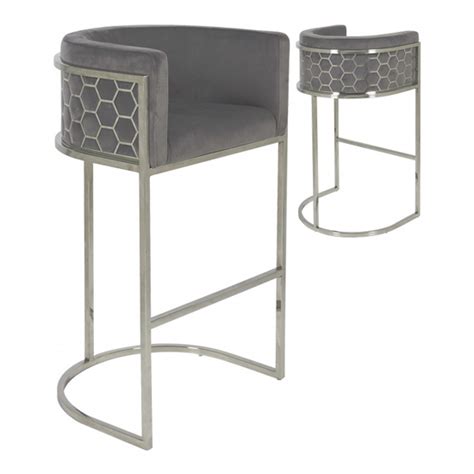 Meta Grey Velvet Bar Stools In Pair With Silver Legs Furniture In Fashion