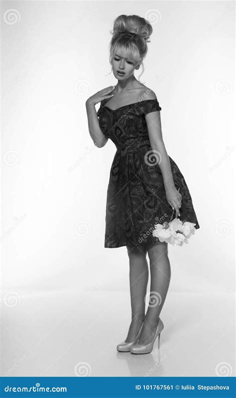 Portrait Of A Beautiful Blonde Woman In Retro Dress S Style Monochrome Black And White