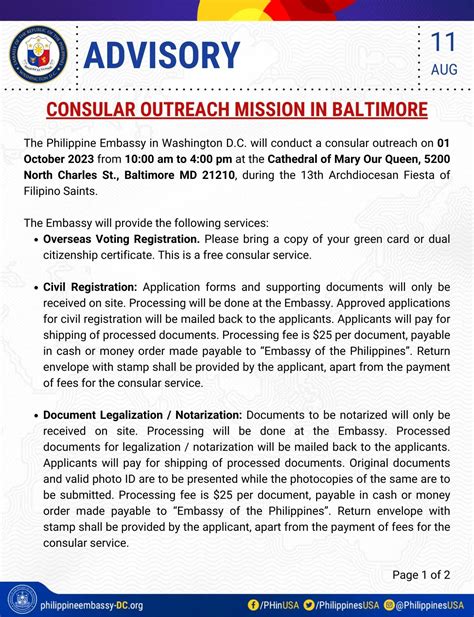 Consular Outreach Mission In Baltimore Embassy Of The Republic Of The Philippines