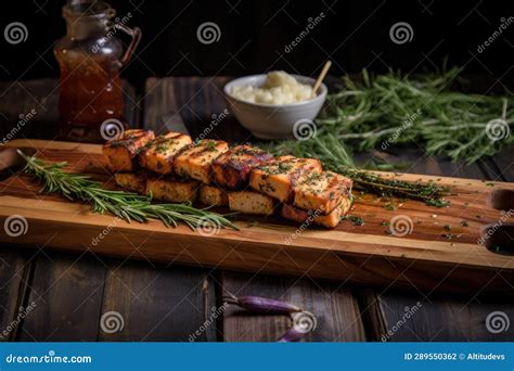 Grilled Halloumi And Cedar Plank On Rustic Table Stock Photo Image Of