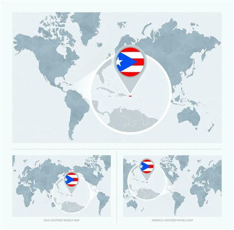 Magnified Puerto Rico over Map of the World, 3 versions of the World ...