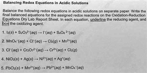 Solved Balance The Following Redox Equations In Acidic Solutions On