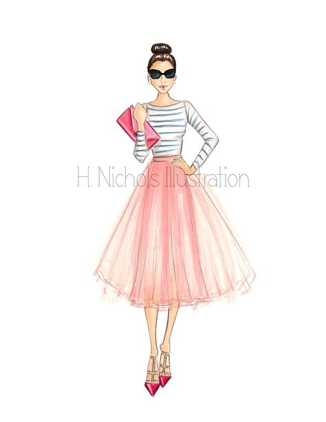 A Drawing Of A Woman In A Dress And Sunglasses Holding A Pink Purse