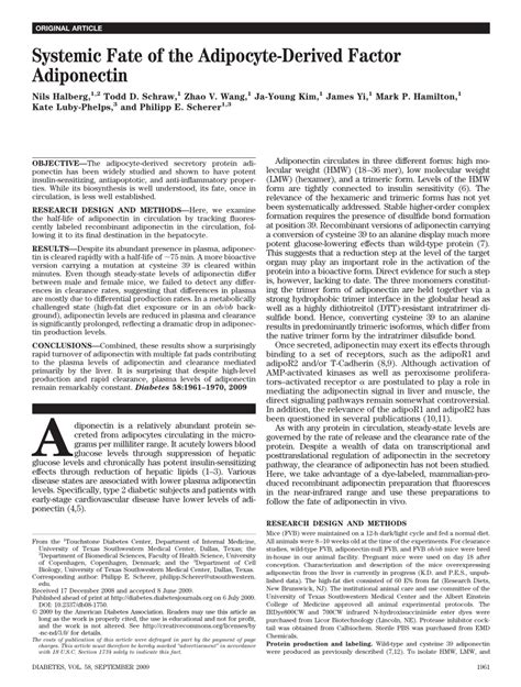 Pdf Systemic Fate Of The Adipocyte Derived Factor Adiponectin