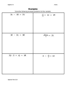 Two Step Equation Guided Notes By Algebraic Park TPT