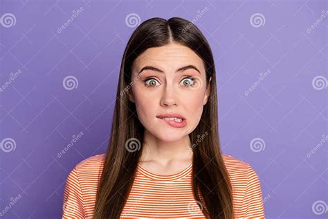 Closeup Photo Of Attractive Terrified Lady Biting Lips Made Big Mistake