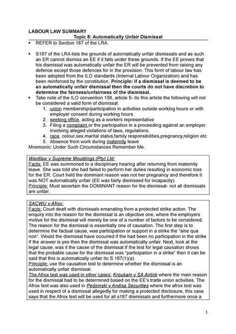 Labour Law Summary Labour Law Summary Topic 8 Automatically Unfair