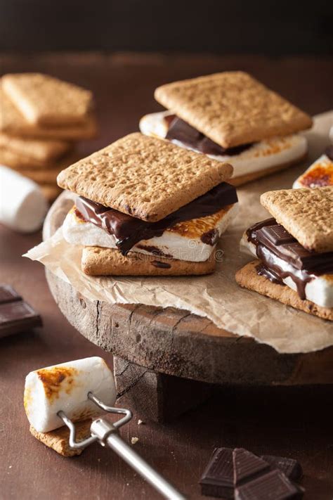 Homemade Marshmallow S`mores With Chocolate On Crackers Stock Image