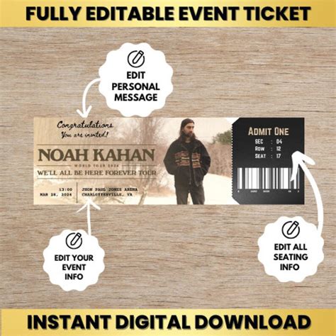 Instant Digital Download Editable Ticket Noah Kahan Tour Concert Ticket