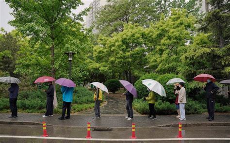 多图｜北京朝阳区临时管控区居民雨中做核酸，自觉保持“一米线” 裴剑飞 检测 登记