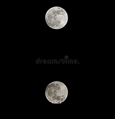 Full Moon with Reflection on Water at Midnight and Black Sky Stock ...