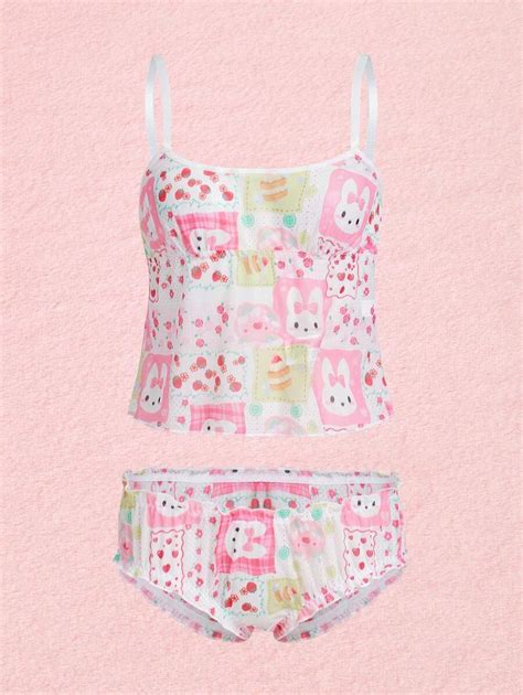Romwe Kawaii Cartoon Graphic Lettuce Trim Lingerie Set Shein Usa