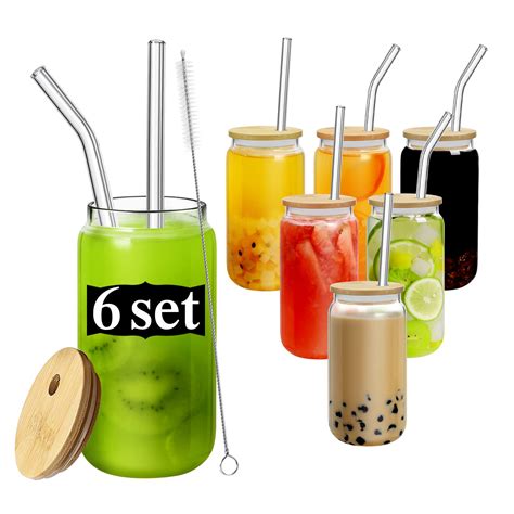 6Pcs Set Drinking Glasses With 6 Bamboo Lids And 12 Glass Straws 16oz