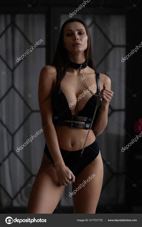 Sexy Female Black Lingerie Leather Collar Standing Dark Studio