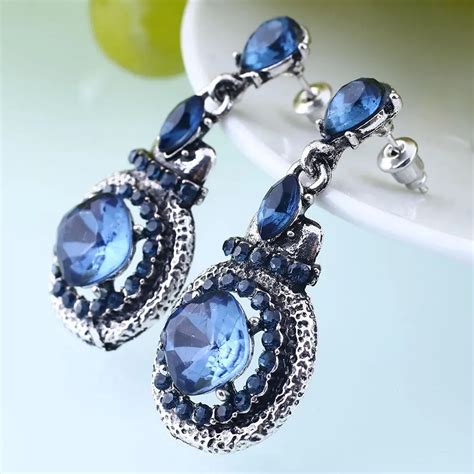 New Retro Elegant Women Blue Gem Crystal Ear Stud Dangle Drop Earrings