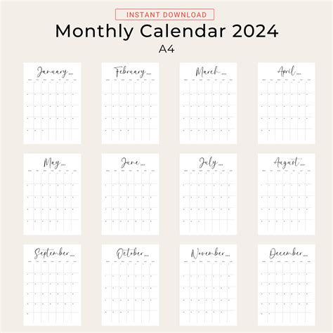 2024 Calendar 2024 Monthly Planner Printable Vertical Monthly Calendar Sunday And Monday Start