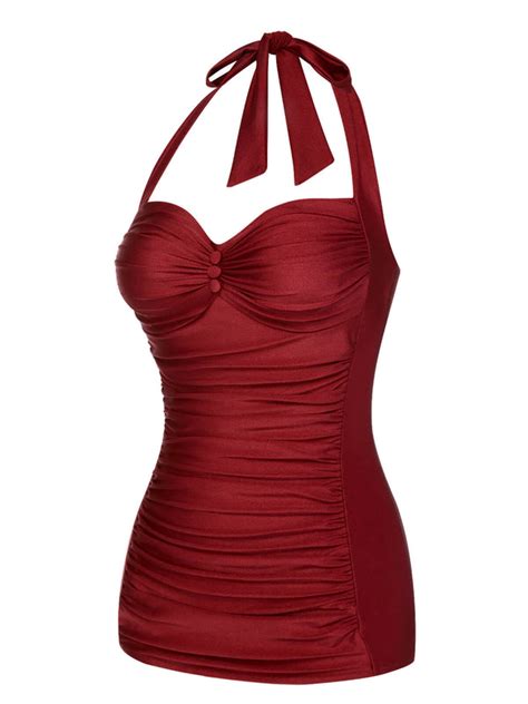 Red 1950s Solid Gathered Halter Swimsuit Retro Stage