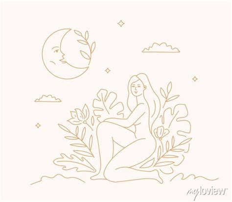 Mystical Celestial Illustration With A Naked Woman In Leaves