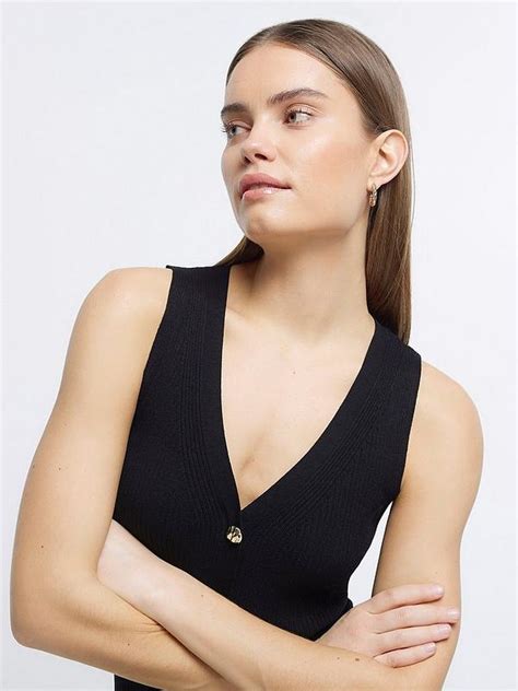 River Island Button Through Knitted Dress Black Uk