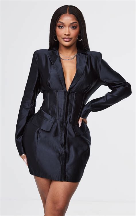 Shape Black Satin Corset Detail Blazer Dress Shape