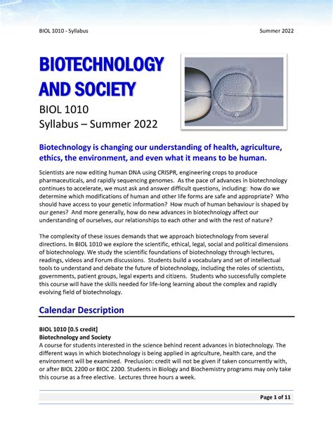 BIOL1010 Syllabus Summer 2022 05 BIOTECHNOLOGY AND SOCIETY BIOL 1010