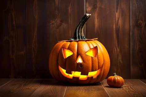 Premium Ai Image Halloween Pumpkin Head Jack Lantern On Wooden