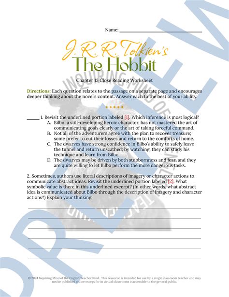 The Hobbit Chapter 13 Close Reading Analysis Worksheet | Teaching Resources