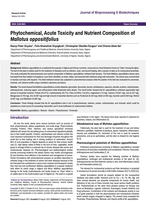 Pdf Phytochemical Acute Toxicity And Nutrient Composition Of