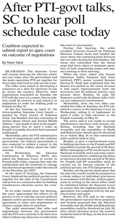 Dawn Epaper May 05 2023 After Pti Govt Talks Sc To Hear Poll