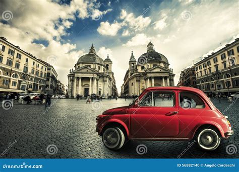 Old Red Vintage Car Italian Scene in the Historic Center of Rome. Italy ...