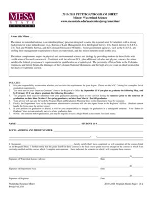 Fillable Online Coloradomesa 2010 2011 PETITIONPROGRAM SHEET Minor