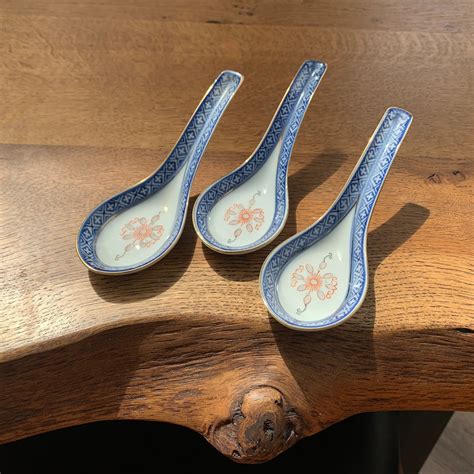 Asian Porcelain Rice Spoons Translucent Blue Orange Green Patterned